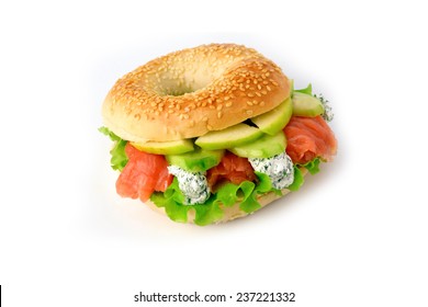 Bagel With Salmon, Fresh Salad Leaf, Green Apple And Herbed Cream Cheese, Isolated