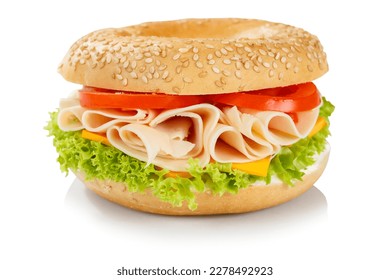 Bagel sandwich with fresh chicken ham for breakfast isolated on a white background