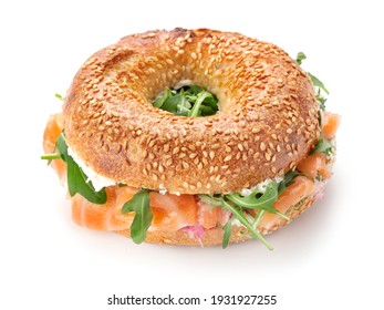 Bagel Sandwich With Fresh Salmon Isolated On White Background