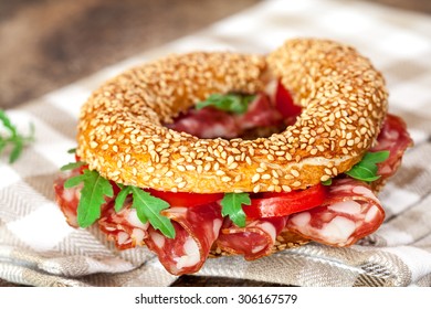 Bagel Sandwich With Pepperoni And Tomato