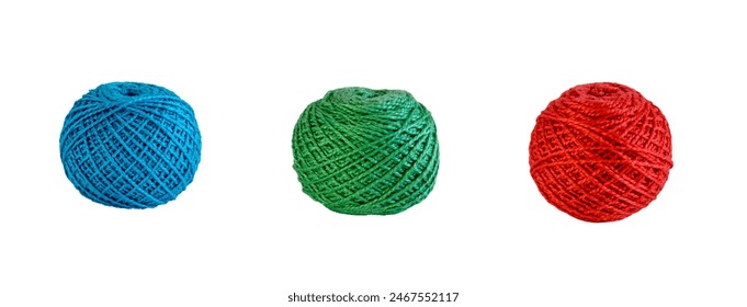 Bagels of colored balls of yarn on white isolated 
background