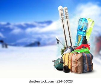 Baggage Tourist Skier And Snowboarder, Winter Travel