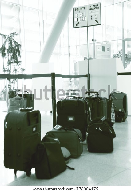 baggage\
waiting at an airport no people stock\
photo