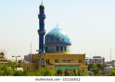 Baghdad, Iraq – December 31, 2014: A Picture Of Fardous Mosque Or As It Is Called 17 Ramadan Mosque During The Night, Contains One Dome And One Minaret, 