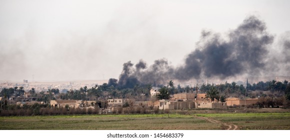 Baghouz, North East Syria, March, 15, 2019. Coalition Airstrikes, On The Last Stronghold Of Islamic State. During The Syrian Democratic Forces Operation