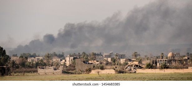 Baghouz, North East Syria, March, 15, 2019. Coalition Airstrikes, On The Last Stronghold Of Islamic State. During The Syrian Democratic Forces Operation