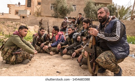 Baghouz, North East Syria, March, 15, 2019. Fighters From Raqqa Belonging To The SDF Syrian Democratic Forces Getting Ready For The Fight Aganist IS.
 