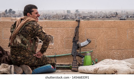 Baghouz, North East Syria, March, 15, 2019. Fighters Form The SDF Syrian Democratic Forces In His Position On The Last Fight Aganist IS.