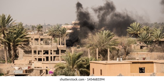 Baghouz, North East Syria, March, 15, 2019. Coalition Airstrikes, On The Last Stronghold Of Islamic State. During The Syrian Democratic Forces Operation