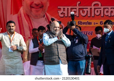 Baghpat, Uttar Pradesh, India-Feb 6 2022: Union Home Minister Amit Shah Gestures As He Addresses Supporters Of India's Ruling Bharatiya Janata Party (BJP) During A Public Meeting In Baghpat.