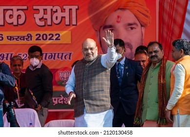 Baghpat, Uttar Pradesh, India-Feb 6 2022: Union Home Minister Amit Shah Waving Hand To Supporters Of India's Ruling Bharatiya Janata Party (BJP) During A Public Meeting In Baghpat.