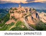 Bagnoregio, Italy. Dusk light over Civita di Bagnoregio, hilltop town founded by Etruscans in Valle dei Calanchi, Viterbo province, Lazio region.