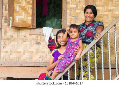 Bago, Myanmar. 16 Th August, 2019: Portrait Of Burmese Humble Family