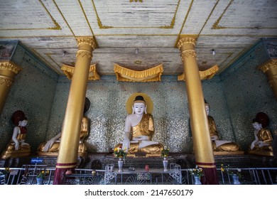 BAGO, MYANMAR - MARCH 03 : Buddha statue at Shwemawdaw Pagoda, It's often referred to as the Golden God Temple. At 375 feet in height and the tallest pagoda in Myanmar on Mar 03, 2015