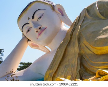 Bago, Myanmar-December 12, 2014-Shwethalyaung Buddha Pagoda is a reclining Buddha. Selective focus close-up shots of of the Buddha, Bago (Pegu)
