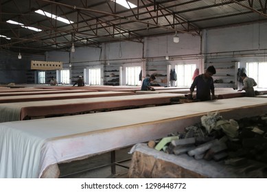 Bagru, India - January 2019 : Hand Block Printing Factory In Bagru Village, India.