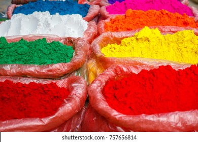 Bags of color for Holi, Hindu spring festival of colors on a local market in Kathmandu, Nepal