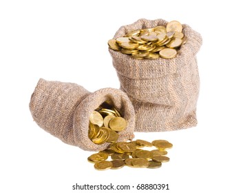 Bags filled with coins. A white background. Isolated.