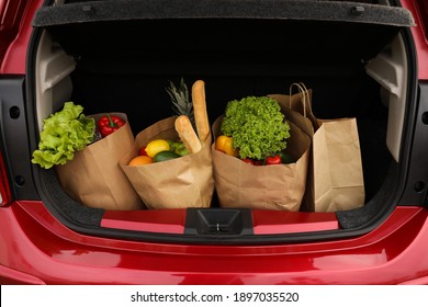 Bags Full Of Groceries In Car Trunk, Closeup View