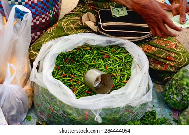 Bags Of Green And Red Chilies At  Thailand Street Market