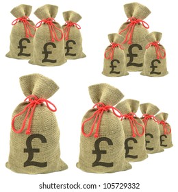 Bags Of Money With Pounds Sterling Currency On A White Background