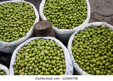 Bags Of Raw Green Olives For Sale On The Streets Of The Old City Of Hebron In The West Bank.