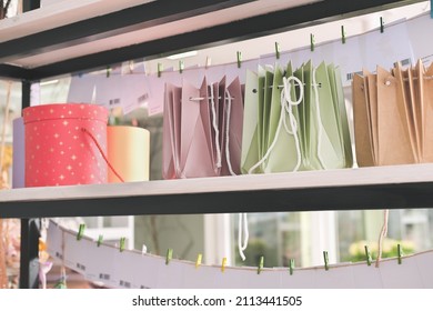 Bags For Shopping On A Store Counter. Paper Bags For Shopping. Gift Wrapping For Holidays.