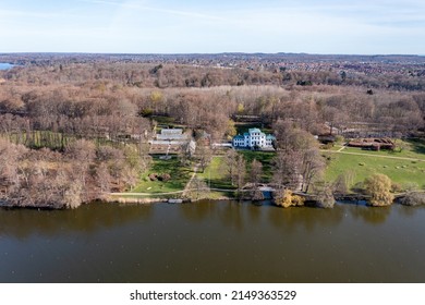 Bagsvaerd, Denmark - April 20, 2022: Aerial Drone View O Sophienholm, A Former Manor House And Exhibition Venue Located At Bagsvaerd Lake.