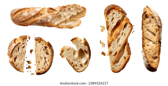 Baguette French bread, sliced torn broken piece top view on white background cutout file. Many assorted different design angles. Mockup template for artwork

 - Powered by Shutterstock