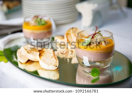 baguette with French layer pate. chicken pate in glass and toast bread at the restautant