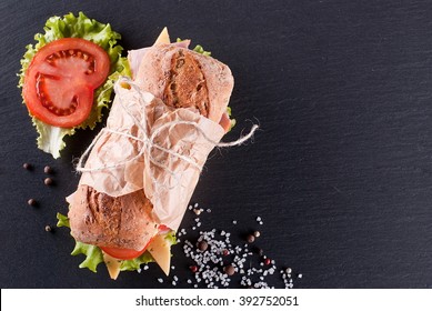 Baguette Sandwich On The Table Top View