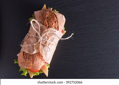 Baguette Sandwich On The Table Top View