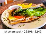 Baguette or sandwich toast bread with chicken tomato salad and potatoes fries in Playa del Carmen Quintana Roo Mexico.