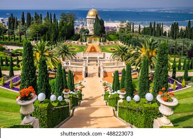 Bahai gardens and temple on the slopes of the Carmel Mountain and view of the Mediterranean Sea and bay of Haifa city, Israel