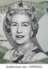 BAHAMAS - CIRCA 2001: England Queen Elizabeth II On 1/2 Dollar (2001) Bahamas Banknote Closeup. Queen Of The United Kingdom, Canada, Australia, New Zealand, Head Of The Commonwealth.