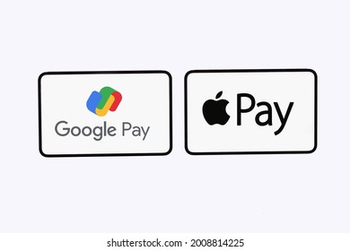 Bahawalpur, Pakistan - July 15, 2021:Apple Pay and Google Pay icons printed on paper. Apple Pay is a mobile payment  digital wallet service. Google Pay is a digital wallet platform  online payment