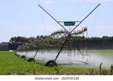 Itaetê, Bahia, Brazil - 08 12 2021: Large scale irrigation equipment working on a plantation
