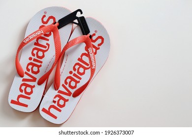 Bahia, Brazil - December 1, 2020. New Brazilian Havaianas Flip Flops Sandals On White Background.