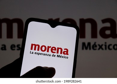 Bahia, Brazil - June 8, 2021: Morena Mexican Political Party Logo On Smartphone Screen. The National Regeneration Movement (MORENA).