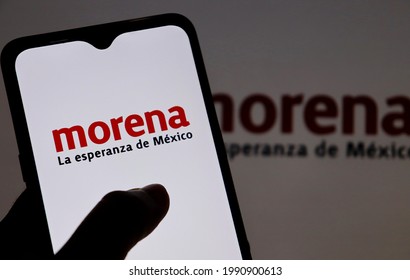 Bahia, Brazil - June 8, 2021: Morena Mexican Political Party Logo On Smartphone Screen. The National Regeneration Movement (MORENA).