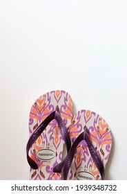 Bahia, Brazil - March 1, 2021: Brazilian Havaianas Flip Flops Sandals On White Background. Havaianas From Brazil. Vertical Photo.