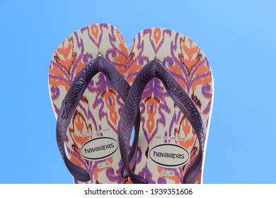 Bahia, Brazil - March 1, 2021: Brazilian Havaianas Flip Flops Sandals Against The Blue Sky. Havaianas From Brazil. 