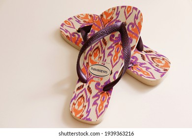 Bahia, Brazil - March 1, 2021: Brazilian Havaianas Flip Flops Sandals On White Background. Havaianas From Brazil. 