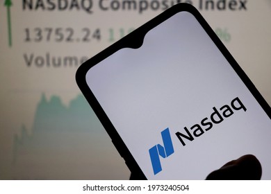 Bahia, Brazil - May 10, 2021: Nasdaq Logo On Smartphone Screen. Nasdaq Is An American Stock Exchange.