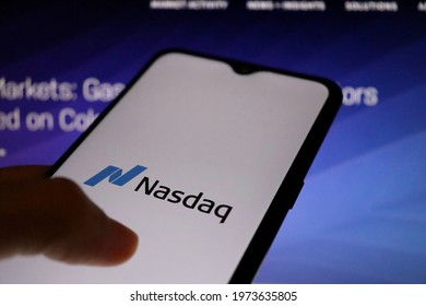 Bahia, Brazil - May 10, 2021: Nasdaq Logo On Smartphone Screen. Nasdaq Is An American Stock Exchange.