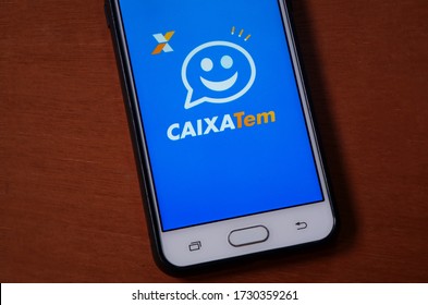 Bahia, Brazil. May 3, 2020. App Caixa Tem On Smartphone Screen. Caixa Bank. Brazil’s Coronavirus Aid. Brazilian Bank. COVID-19.