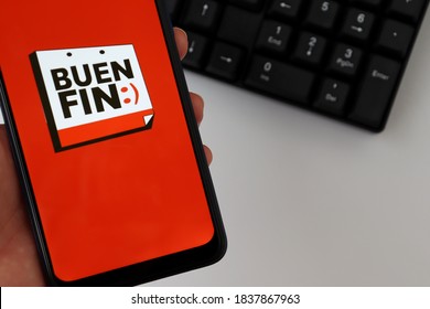 Bahia, Brazil - October 20, 2020. Person Holding Smartphone With Buen Fin Logo. Buen Fin Is A Initiative To Enforce The Economic Activity In Mexico. 