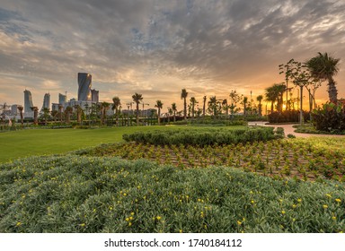 Bahrain Bay, Bahrain - MAY 19- 2020: Beautiful View Of Newly Constructed Modern Buildings With Beautiful Garden Landscape At Bahrain Bay.