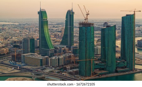 Bahrain Financial Harbor, Manama, Bahrain - Feb 29, 2020 : Arial view of cityscape in the evening 