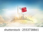 Bahrain flag wavering on blobe with modern building skyline. Flag waving on world map. Bahrain national flag for independence day.